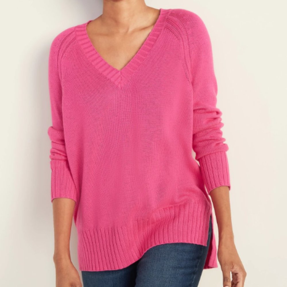 NWOT Hot Pink Rib-Knit V-Neck Sweater